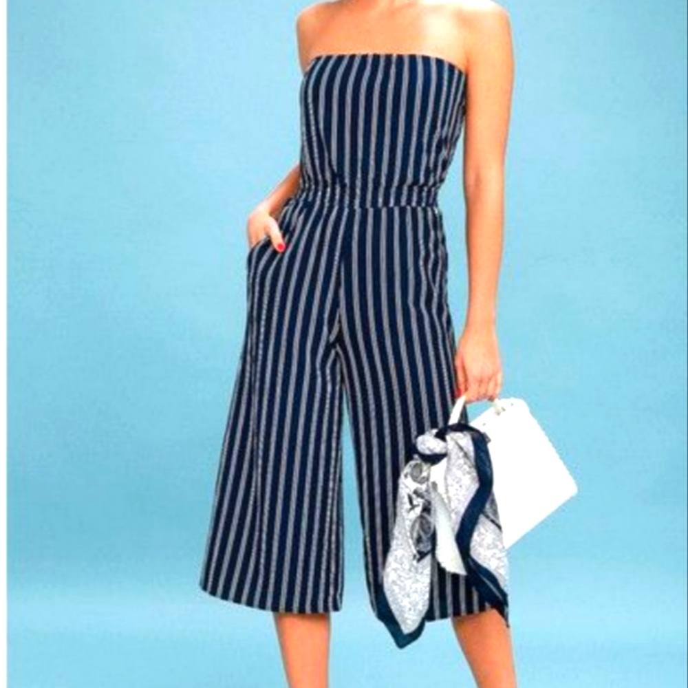 LULU'S Saltwater and Sun Navy Blue Striped Strapless Midi Jumpsuit XS